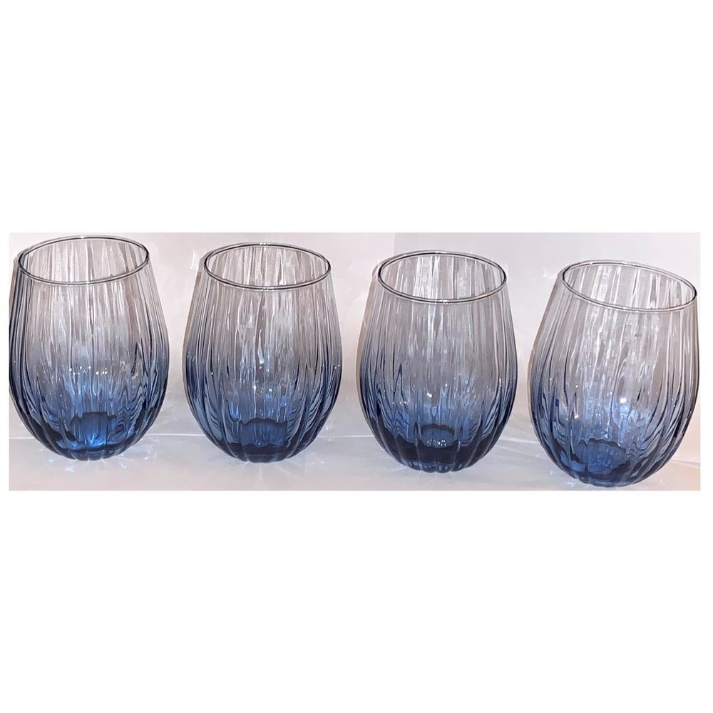 Blue Ribbed Stemless Wine Glasses (Set of 4) #2